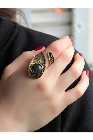 Doğal Taş Labradorit Yuvarlak Doğal Taşlı Ayarlanabilir Antik İşlemeli Yüzük euy31l - Resim 2