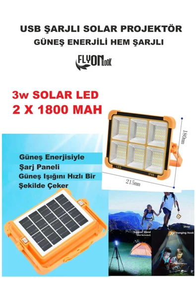 ŞARJLI HEM GÜNEŞ ENERJLİ SOLAR PROJEKTÖR 4000 LÜMEL 5 IŞIK MODLU LAMBA FENER  SOLAR PANEL PORTATİF - 3