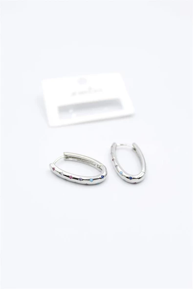 Oval Taşlı Küpe - Gümüş Rengi