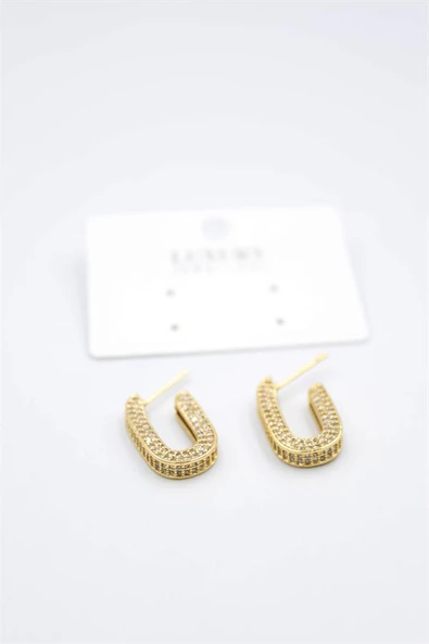 Zirkon Taşlı Oval Halka Küpe - Altın Rengi