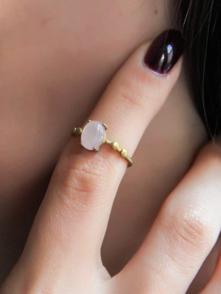 Minimal Doğal Taş Pembe Kuvars Doğal Taşlı Otantik Minimal Ayarlanabilir Yüzük euy5pk - Resim 3