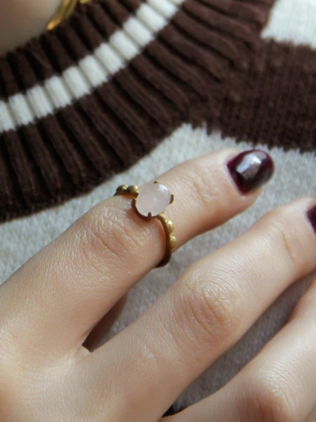 Minimal Doğal Taş Pembe Kuvars Doğal Taşlı Otantik Minimal Ayarlanabilir Yüzük euy5pk - Resim 2