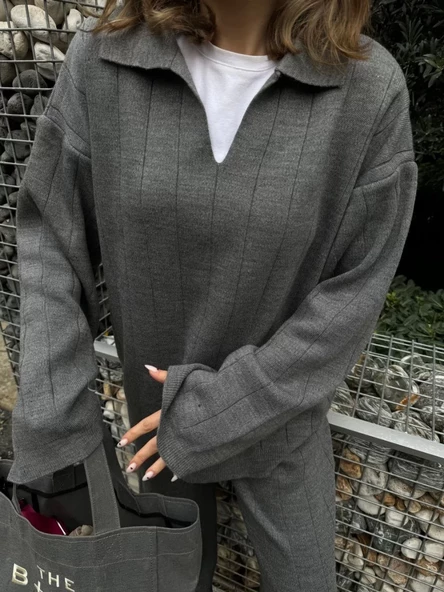 Yakalı Triko İkili Takım - Füme - 3