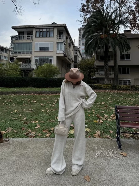 Yakalı  Triko İkili Takım - Beyaz - 2