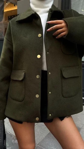 Kaşmir kumaş oversize Bleazer ceket  - Haki - 4