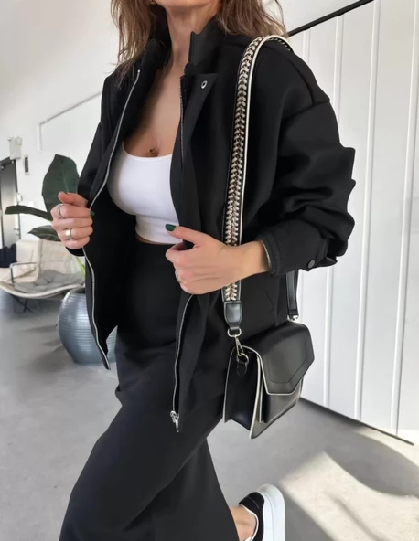 RYSE Kadın Mevsim Kaşe Fermuarlı Ceket Etek Takım Kaşmir Ceket Etekli İkili Takım Kaşe Bomber Ceket-Etek Takım