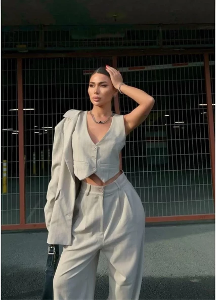 3 lü Kadın Takım Beyaz Çizgi Detaylı Crop Yelek Ceket Bol Kesim Bol Paça Pantolon Alt Üst Takım - Beyaz - 4