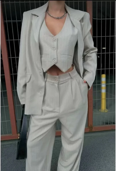 3 lü Kadın Takım Beyaz Çizgi Detaylı Crop Yelek Ceket Bol Kesim Bol Paça Pantolon Alt Üst Takım - Beyaz - 2