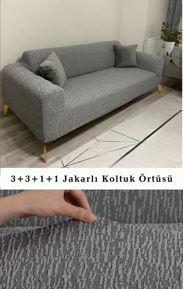 Upmall Jakarlı Ağaç Kabuğu Koltuk Örtüsü 3+3+1+1 Takımı Lastikli Esnek Yıkanabilir Çekyat Kanepe Kılıfı
