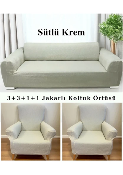 Upmall Jakarlı Ağaç Kabuğu Koltuk Örtüsü 3+3+1+1 Takımı Lastikli Esnek Yıkanabilir Çekyat Kanepe Kılıfı - 7