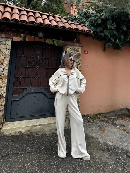 Fermuarlı Eşofman Pantolon  Takım - Beyaz - 7
