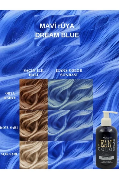 Jeans Color Amonyaksız Kokusuz Su Bazlı Saç Boyası 250 Ml Mavi Rüya Dream Blue Hair Dye