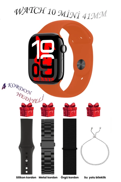 Bunnys Samsung Galaxy M11 Uyumlu Turuncu Akıllı Saat Watch 10 Mini Kordon Hediyeli AMOLED EKRAN 41MM