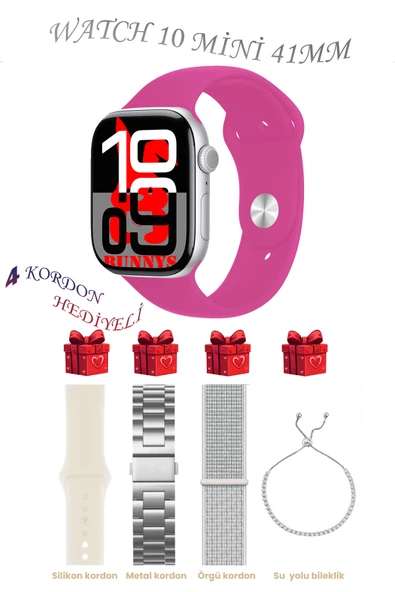 Bunnys Huawei P30 Lite Uyumlu Pembe Akıllı Saat Watch 10 Mini Kordon Hediyeli AMOLED EKRAN 41MM