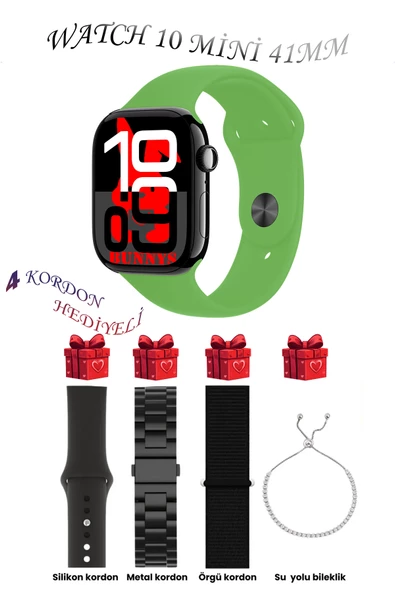 Bunnys Samsung Galaxy M13 Uyumlu Yeşil Akıllı Saat Watch 10 Mini Kordon Hediyeli AMOLED EKRAN 41MM