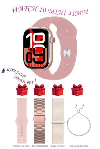 Bunnys Huawei P30 Lite Uyumlu TozPembe Akıllı Saat Watch 10 Mini Kordon Hediyeli AMOLED EKRAN 41MM
