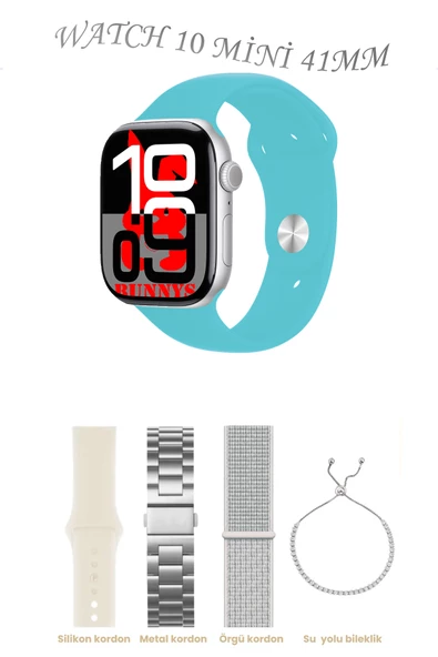 Bunnys Huawei P30 Lite Uyumlu Turkuaz Akıllı Saat Watch 10 Mini Kordon Hediyeli AMOLED EKRAN 41MM