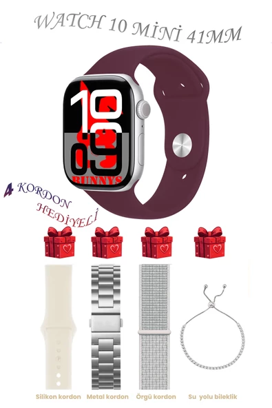 Bunnys Samsung Galaxy M42 Uyumlu Bordo Akıllı Saat Watch 10 Mini Kordon Hediyeli AMOLED EKRAN 41MM