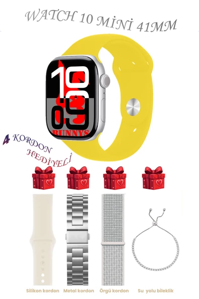 Bunnys Samsung Galaxy Note 20 Uyumlu Sarı Akıllı Saat Watch 10 Mini Kordon Hediyeli AMOLED EKRAN 41MM