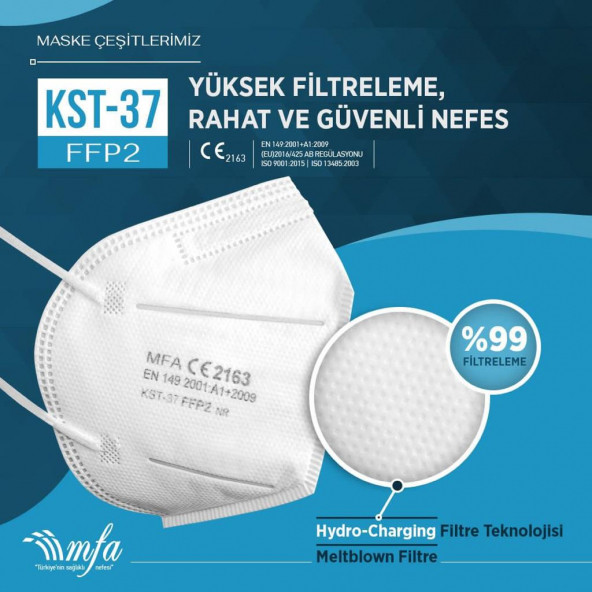 ffp2 maske mfa kst 37 n95 meltblown filtre hydro-cherging filtre teknolojisi 10 adet