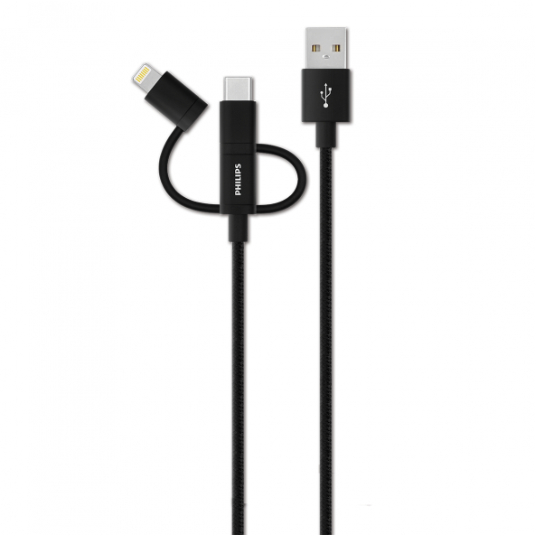 Philips DLC2608BK IMF Lisanslı Lightning&Type-C&Micro USB Bir Arada Şarj Kablosu