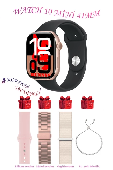 Bunnys Apple iPhone 11 Pro Max Uyumlu Siyah Akıllı Saat Watch 10 Mini Kordon Hediyeli AMOLED EKRAN 41MM
