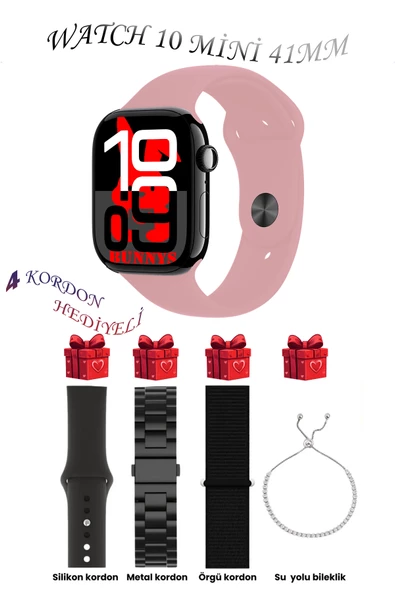 Bunnys Xiaomi Redmi Note 8 Uyumlu TozPembe Akıllı Saat Watch 10 Mini Kordon Hediyeli AMOLED EKRAN 41MM