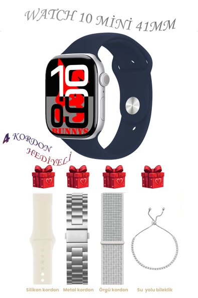 Bunnys Xiaomi Redmi Note 8 Uyumlu Lacivert Akıllı Saat Watch 10 Mini Kordon Hediyeli AMOLED EKRAN 41MM