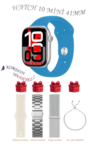 Bunnys Apple iPhone 11 Pro Max Uyumlu Açık Mavi Akıllı Saat Watch 10 Mini Kordon Hediyeli AMOLED EKRAN 41MM