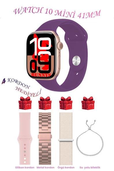Bunnys Apple iPhone 11 Pro Max Uyumlu Mor Akıllı Saat Watch 10 Mini Kordon Hediyeli AMOLED EKRAN 41MM
