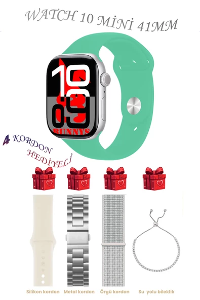 Bunnys Xiaomi Redmi Note 8 Uyumlu Su Yeşili Akıllı Saat Watch 10 Mini Kordon Hediyeli AMOLED EKRAN 41MM