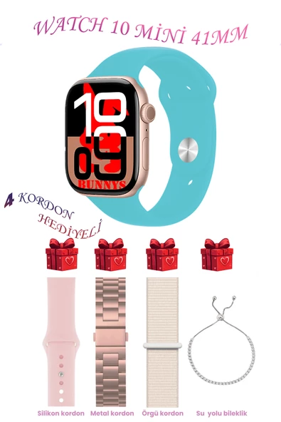 Bunnys Apple iPhone 11 Pro Max Uyumlu Turkuaz Akıllı Saat Watch 10 Mini Kordon Hediyeli AMOLED EKRAN 41MM