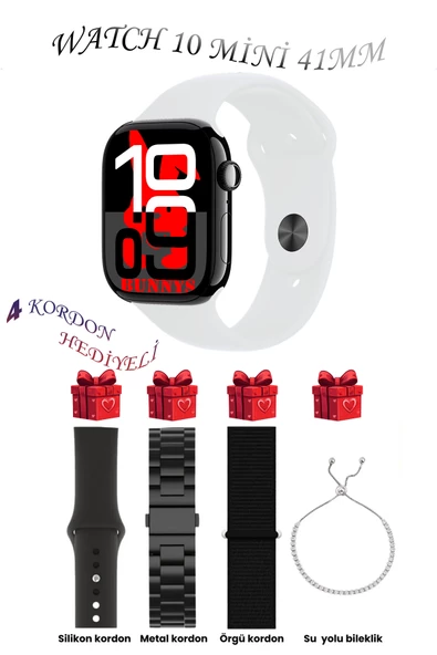 Bunnys Apple iPhone 11 Pro Max Uyumlu Beyaz Akıllı Saat Watch 10 Mini Kordon Hediyeli AMOLED EKRAN 41MM