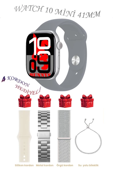 Bunnys Apple iPhone 11 Pro Max Uyumlu Gri Akıllı Saat Watch 10 Mini Kordon Hediyeli AMOLED EKRAN 41MM