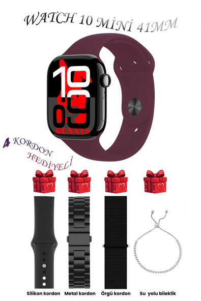 Bunnys Xiaomi Redmi Note 8 Uyumlu Bordo Akıllı Saat Watch 10 Mini Kordon Hediyeli AMOLED EKRAN 41MM