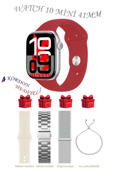 Bunnys Apple iPhone 11 Pro Max Uyumlu Kırmızı Akıllı Saat Watch 10 Mini Kordon Hediyeli AMOLED EKRAN 41MM