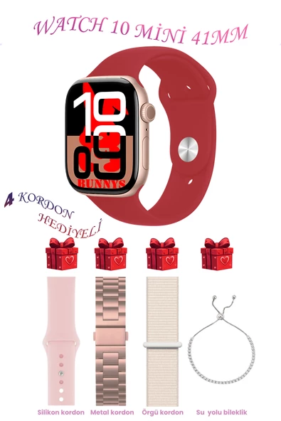 Bunnys Apple iPhone 11 Pro Max Uyumlu Kırmızı Akıllı Saat Watch 10 Mini Kordon Hediyeli AMOLED EKRAN 41MM