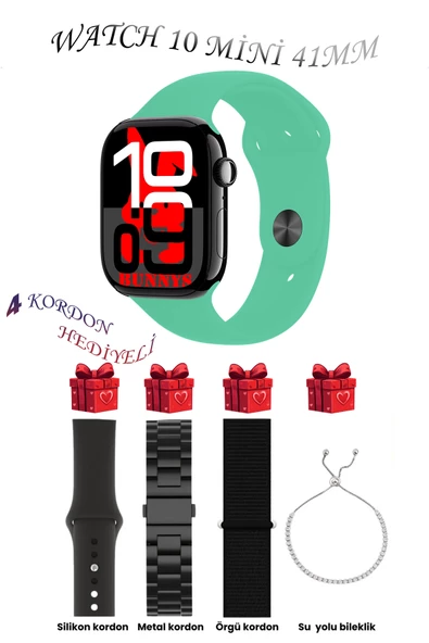 Bunnys Apple iPhone X Uyumlu Su Yeşili Akıllı Saat Watch 10 Mini Kordon Hediyeli AMOLED EKRAN 41MM ürün görseli