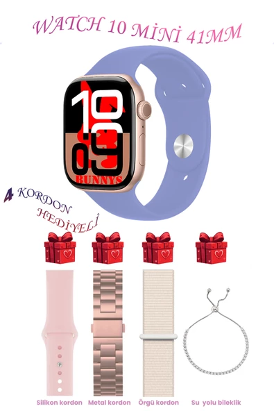 Bunnys Apple iPhone 11 Pro Uyumlu Lila Akıllı Saat Watch 10 Mini Kordon Hediyeli AMOLED EKRAN 41MM