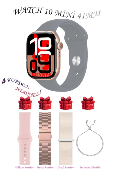 Bunnys Apple iPhone XR Uyumlu Gri Akıllı Saat Watch 10 Mini Kordon Hediyeli AMOLED EKRAN 41MM