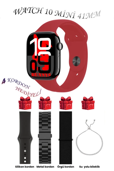 Bunnys Apple iPhone XR Uyumlu Kırmızı Akıllı Saat Watch 10 Mini Kordon Hediyeli AMOLED EKRAN 41MM