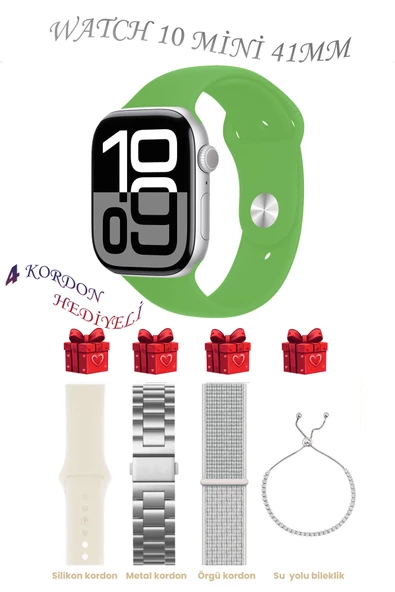 Bunnys Apple iPhone 11 Pro Uyumlu Yeşil Akıllı Saat Watch 10 Mini Kordon Hediyeli AMOLED EKRAN 41MM