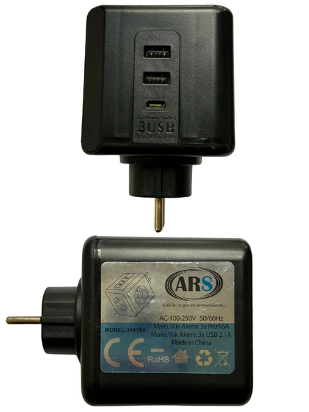 Ars Isıya Dayanıklı Termal Akım Korumalı Fiş Priz Usb A - Type-C 3Lü Priz (2 Adet) - 5
