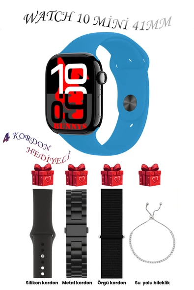 Bunnys Apple iPhone 12 Pro Uyumlu Açık Mavi Akıllı Saat Watch 10 Mini Kordon Hediyeli AMOLED EKRAN 41MM