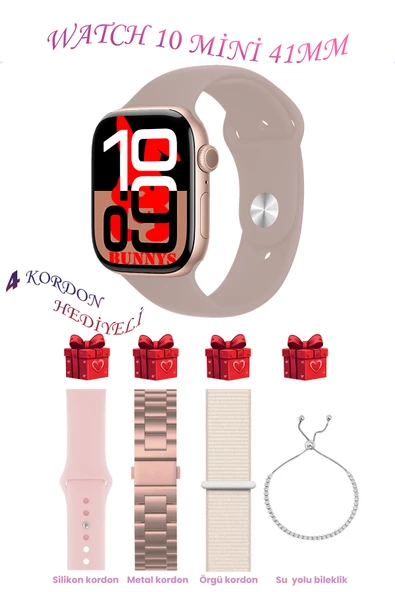 Bunnys Oppo A55s Uyumlu Gül Akıllı Saat Watch 10 Mini Kordon Hediyeli AMOLED EKRAN 41MM