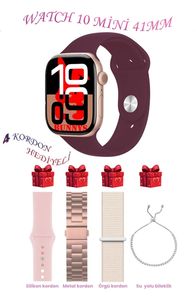 Bunnys Oppo A73 Uyumlu Bordo Akıllı Saat Watch 10 Mini Kordon Hediyeli AMOLED EKRAN 41MM