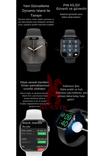 Bunnys Apple iPhone 13 Uyumlu Siyah Akıllı Saat Watch 10 Mini Kordon Hediyeli AMOLED EKRAN 41MM - Resim 3