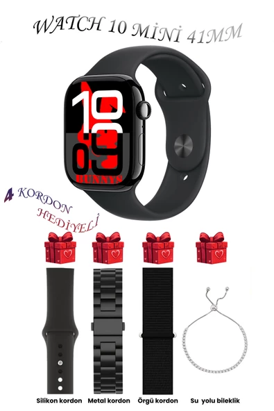 Bunnys Apple iPhone 11 Uyumlu Siyah Akıllı Saat Watch 10 Mini Kordon Hediyeli AMOLED EKRAN 41MM
