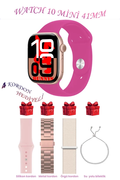 Bunnys Apple iPhone 11 Uyumlu Pembe Akıllı Saat Watch 10 Mini Kordon Hediyeli AMOLED EKRAN 41MM