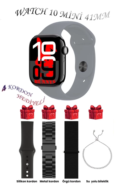Bunnys Apple iPhone 11 Uyumlu Gri Akıllı Saat Watch 10 Mini Kordon Hediyeli AMOLED EKRAN 41MM